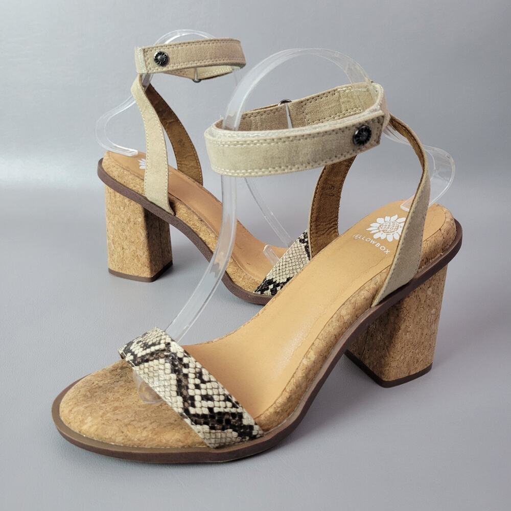 Yellow Box Chunky Heel Sandals Snake Print Leather Ankle Strap Cork Sole Sz 9.5